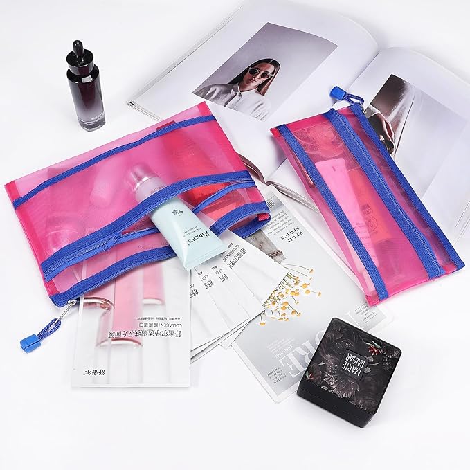 12 Pieces Zipper Nylon Mesh Pouch, Mesh Cosmetic Bags Makeup Bags Pencil Case, Multipurpose Travel Bags for Cosmetic School Office Supplies and Travel Accessories (2 Layers-Hot Pink, A5)