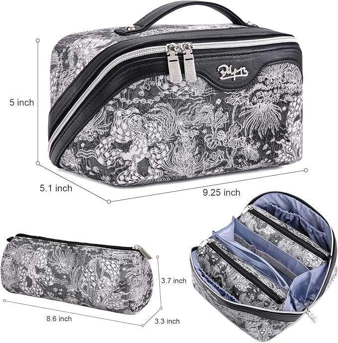 BOYATU Travel Makeup Bag for Women: Large Capacity Make up Bag with Compartments - Vegan Leather Cosmetic Bag set of 3 - Waterproof Toiletry Bag with Handle & Divider(E-2-Black)