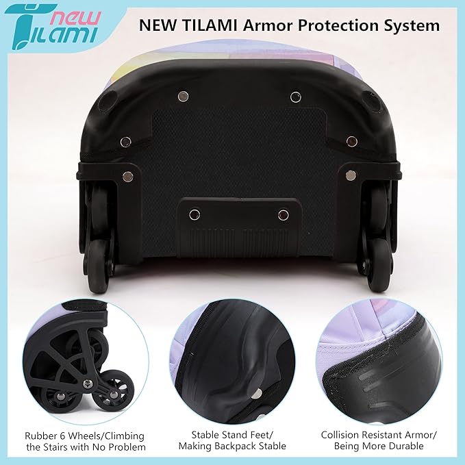 NEW TILAMI 18 Inch Rolling Backpack with Wheels for Girls Boys Kids Laptop Backpack School Travel, Pink Mood Map