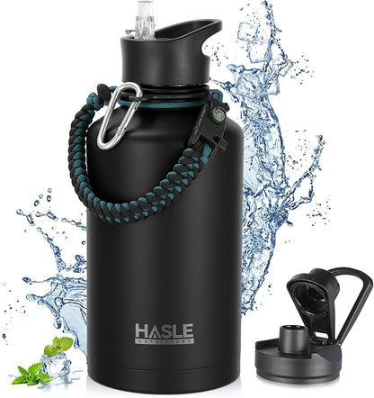 HASLE OUTFITTERS Half Gallon Insulated Water Bottles 64 oz, Stainless Steel Metal Water Jug with 2 Lids Keep Cold 48h/Hot 24h, Leak Proof & BPA-Free Water Flask Jug(Black,1)