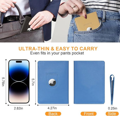 Full Grain Leather AirTag Passport Holder Wallet Cover for Men and Women Travel, Passport Holder with AirTag Slot Passport Wallet, Travel Essentials Genuine Leather Passport Cover Gifts (Blue)