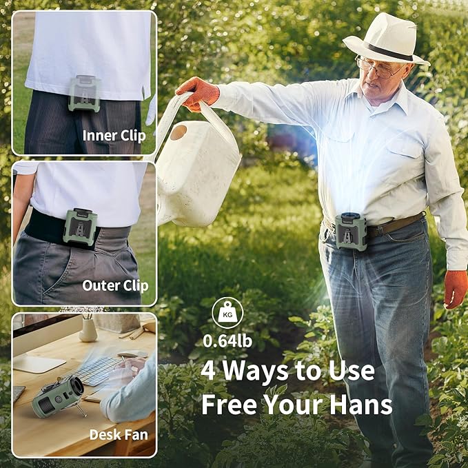 Socool 10000mAh Portable Waist Fan Clip on Wearable Belt Personal Fan Rechargeable Battery operated With 5 Speeds & Flashlight Neck Fan Hands-Free 40H Cooling For Outdoor Camping Travel (Green)