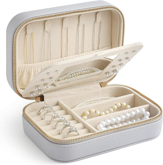 Genuine Leather Travel Jewelry Organizer Case with Mirror for Women, Small Mini Portable Jewelry Box for Ring Earrings Necklace Bracelet Luxury Gift for Women（Lilac）