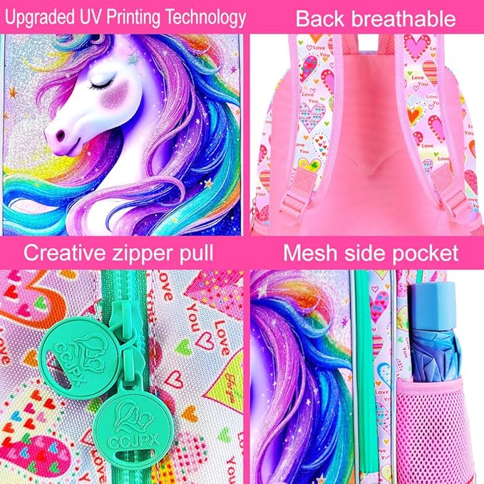 WZLVO 3PCS Kids Backpack for Girls, Unicorn Dinosaur Animal Prechool Elementary Kindergarten School Bookbag with Lunch Box