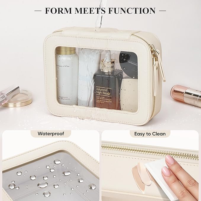 Clear Makeup Bag, Travel Toiletry Bag Cosmetic Case for Women, Waterproof Portable Make Up Skincare Pouch with Zipper, Compact Car Organizer Bag for Essentials, Medium Size, Beige