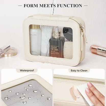 Clear Makeup Bag, Travel Toiletry Bag Cosmetic Case for Women, Waterproof Portable Make Up Skincare Pouch with Zipper, Compact Car Organizer Bag for Essentials, Medium Size, Beige