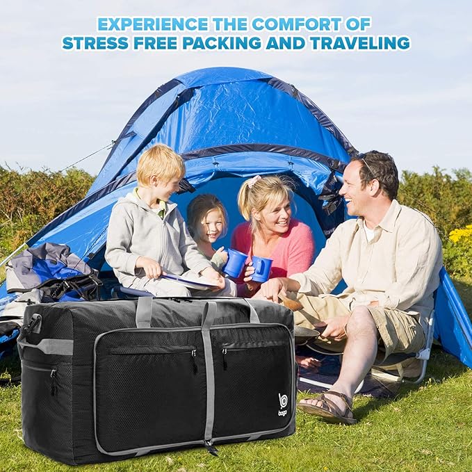 Bago Large Foldable Duffel Bags for Traveling Women & Men - 100L Packable Duffle Bag for Travel with Shoe Compartment - Water Repellant, Heavy Duty, Lightweight Folding & Collapsible (Black)