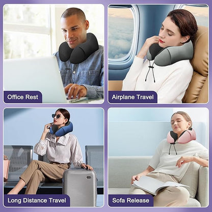Neck Travel Pillow, Upgraded Memory Foam Pillow for Airplane, Machine Washable, Adjustable Flight Pillow, Suitable for Sleeping Airplane, Car, Office and Home (Dark Blue)