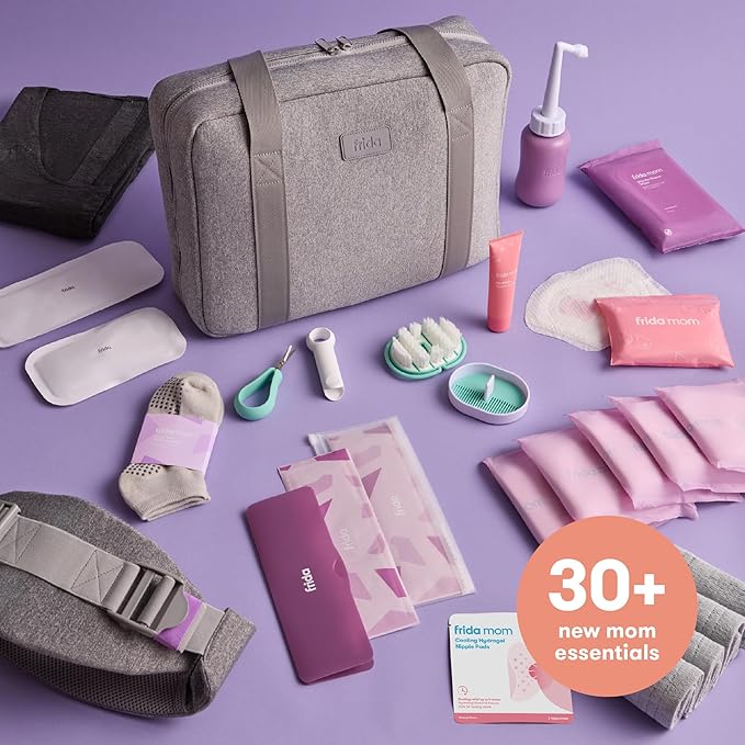 Frida Mom 30pc Pre-Packed Hosptial & Baby Essentials Travel Bag, Includes C-Section Delivery & Recovery Must Haves, & Newborn Grooming Kit, Easy to Organize, Removable Toiletry Bags & Suitcase Strap