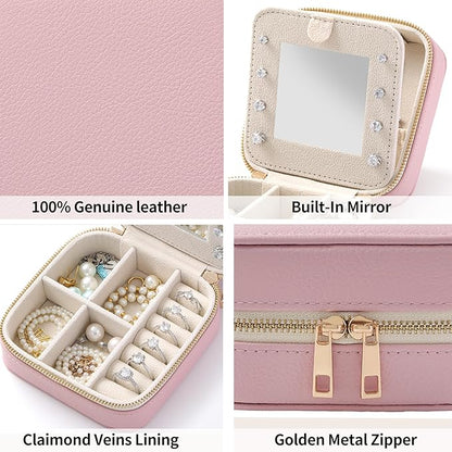 Genuine Leather Travel Jewelry Organizer Case with Mirror for Women, Small Mini Portable Jewelry Box for Ring Earrings Necklace Bracelet Luxury Gift for Women（Lilac）