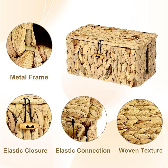 BTSKY Woven Cable Management Box with Lid, Water Hyacinth Cord Organizer for Desk, Cable Organizer Box with 2-Open Slots to Hide Power Strips USB Hubs for Home & Office, Pet Proofing Cord Basket, S