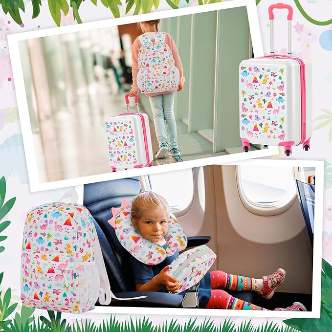 Redbaker 6 Pcs Kids Luggage Set 17 Inch Kids Rolling Luggage Double Pattern Suitcase for Girls Boys School Gift(Pale Pink,Dinosaur Style)