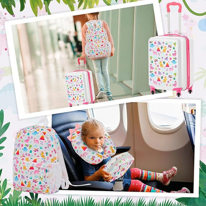 Redbaker 6 Pcs Kids Luggage Set 17 Inch Kids Rolling Luggage Double Pattern Suitcase for Girls Boys School Gift(Pale Pink,Dinosaur Style)