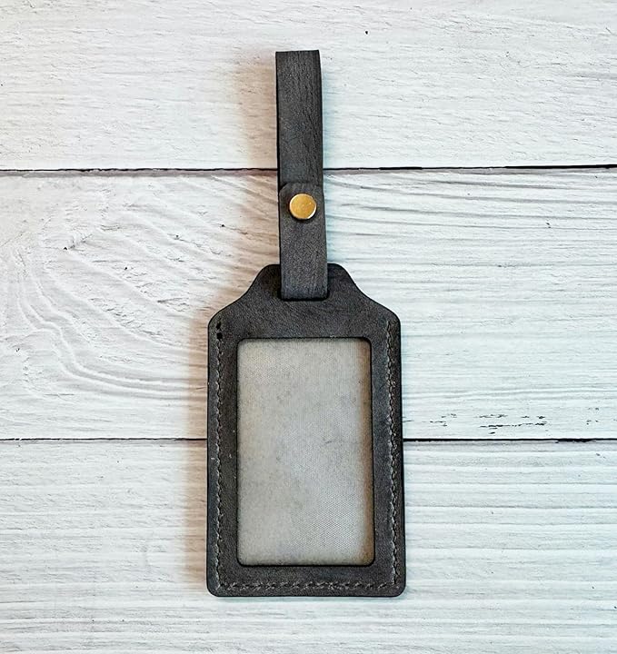 Mayan Corner - Leather Luggage Tag with Celtic Raven Design, ID Window, Grey, Brass Hardware, 4.3 x 2.7 inches