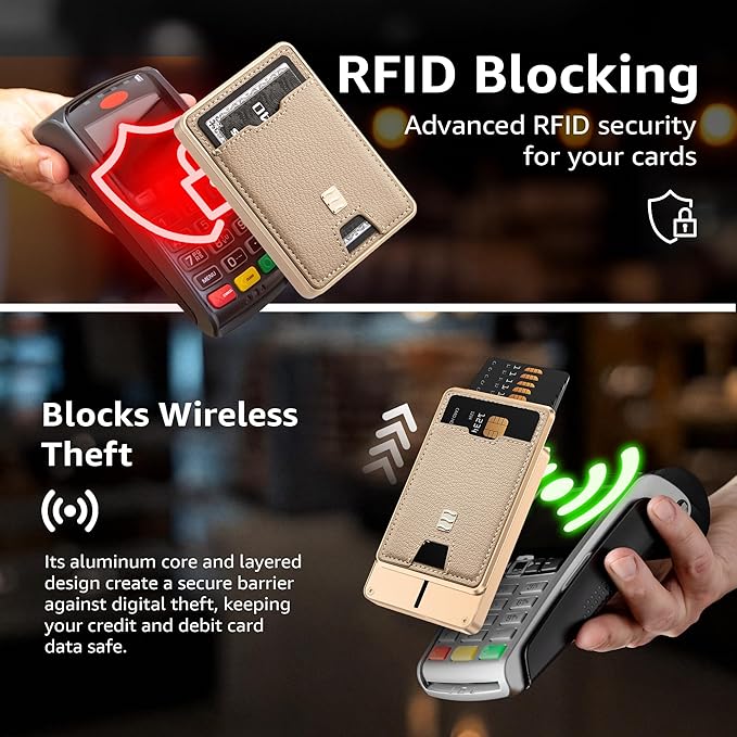 RFID Blocking Wallet, Minimalist Card Holder with Quick Access, Holds 1 to 12 Cards & Cash, Vegan Leather & Brushed Aluminum, Gift-Ready Packaging (Beige)