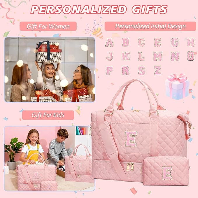 Gifts for Women Girls Initial Travel Duffle Bag Quilted Weekender Carry-On Overnight with Cosmetic Bag, Gym Bag with Shoe Compartment Hospital Bag for Labor Delivery, Pink E