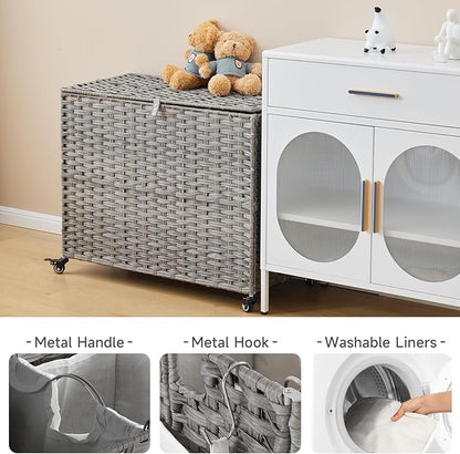 Laundry Hamper with Wheels, 52.8 Gallon(200L) Rolling Laundry Basket with Lid, Removable Large 3 Color Liners & 3 Mesh Laundry Bags, Clothes Hamper with Side Pocket, Grey