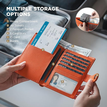 VULKIT Leather Passport Travel Wallet for 2 Passports Pocket Slim Double Passport Holder RFID Blocking with ID Window for Women or Men