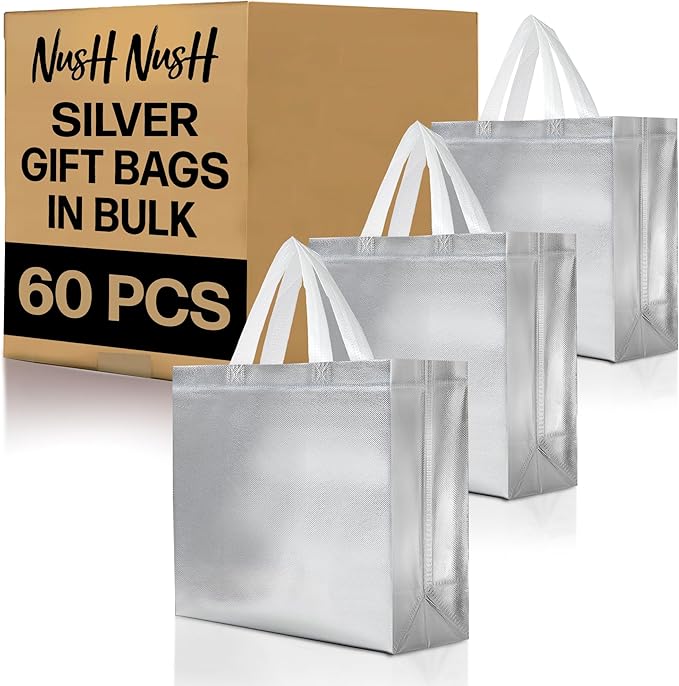 Nush Nush Silver Gift Bags Large Size – Set of 60 Reusable Silver Gift Bags With Handles- Metallic Party Favors Bags In Bulk For Small Business Use In Gifting Events, Christmas, Birthdays - 13Wx5Dx11H