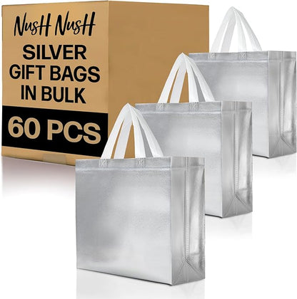 Nush Nush Silver Gift Bags Large Size – Set of 60 Reusable Silver Gift Bags With Handles- Metallic Party Favors Bags In Bulk For Small Business Use In Gifting Events, Christmas, Birthdays - 13Wx5Dx11H