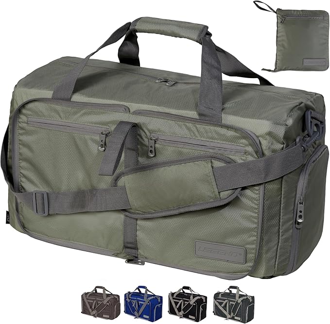 LEGEND 40L Foldable Duffle Bag for Travel - Packable Duffle Bags w/Shoe Compartment - Tear Resistant Collapsible Duffel Bags for Traveling - Lightweight Folding Duffel Bag for Men & Women -Army Green
