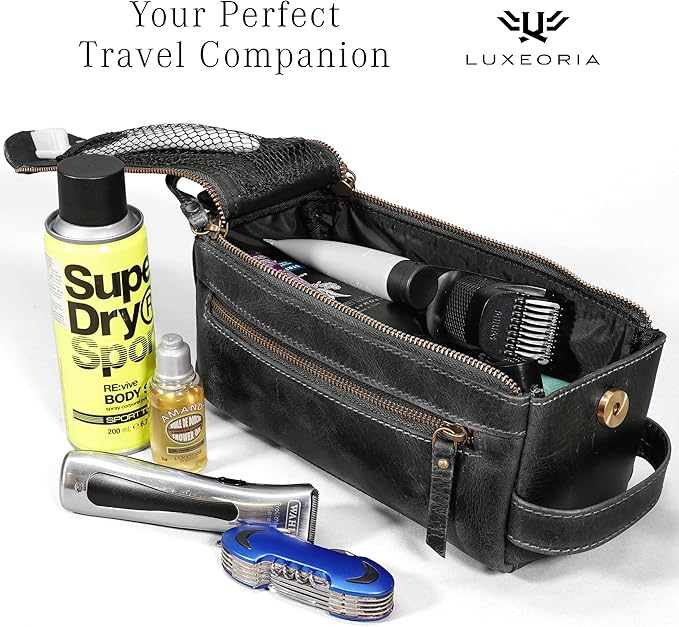 LUXEORIA Genuine Leather Toiletry Bags for Men and Women, Handmade Premium Leather Dopp Kit and Shaving Bag, Cosmetic Bag for Womens and Mens, Travel Essentials & Organizers