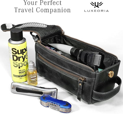 LUXEORIA Genuine Leather Toiletry Bags for Men and Women, Handmade Premium Leather Dopp Kit and Shaving Bag, Cosmetic Bag for Womens and Mens, Travel Essentials & Organizers