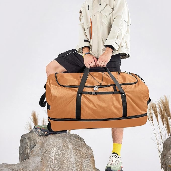 32” 1680D Oxford Foldable Duffle Bag with 2 Wheels,110L to 140L Expandable Soft Sided Rolling Travel Bag,Brown