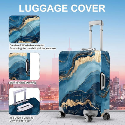 ANNA QUEEN Blue Marble Luggage Cover, Modern Gold Vein Abstract Design Suitcase Protector, Washable Stretchable Travel Sleeve for 32-34 Inch Luggage