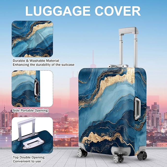 ANNA QUEEN Blue Marble Luggage Cover, Modern Gold Vein Abstract Design Suitcase Protector, Washable Stretchable Travel Sleeve for 24-26 Inch Luggage