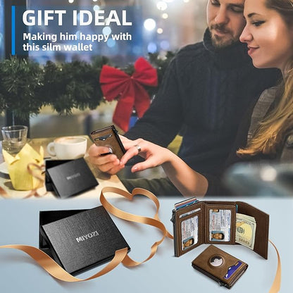 Airtag Wallet for Men,with Cash Pocket 2 ID Window 9-12 Cards,Metal Case Smart Slim Pop Up Credit Card Holder Flip with Magnetic Closure RFID Blocking Trifold wallet with Gift Box