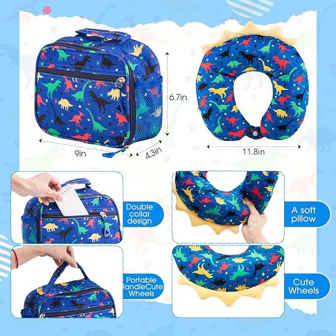 Redbaker 6 Pcs Kids Luggage Set 17 Inch Kids Rolling Luggage Double Pattern Suitcase for Girls Boys School Gift(Dark Blue,Dinosaur Style)