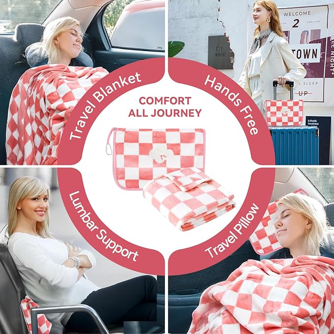 Travel Blanket and Pillow Compact, Premium Soft 2 in 1 Airplane Blanket with Soft Bag Pillowcase，Hand Luggage Sleeve and Backpack Clip (Ckeckered Pink)