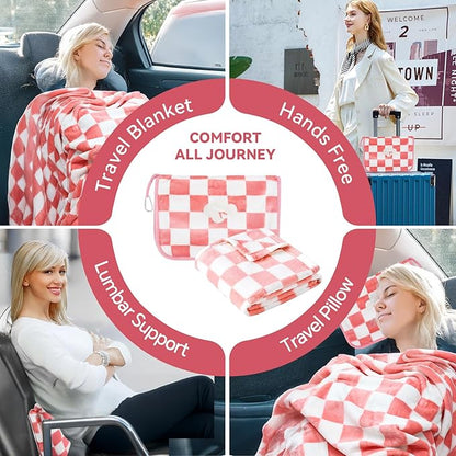 Travel Blanket and Pillow Compact, Premium Soft 2 in 1 Airplane Blanket with Soft Bag Pillowcase，Hand Luggage Sleeve and Backpack Clip (Ckeckered Pink)