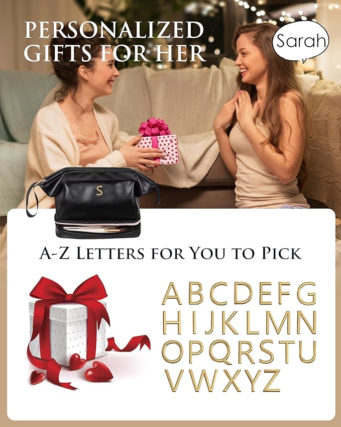 Birthday Gifts for Girls, Initial Large Makeup Bags, Personalized Double Layer Cosmetic Bag with Makeup Brush Organizer,Toiletry Bag, Gifts for Women Girlfriend Friends Female Mom Sister