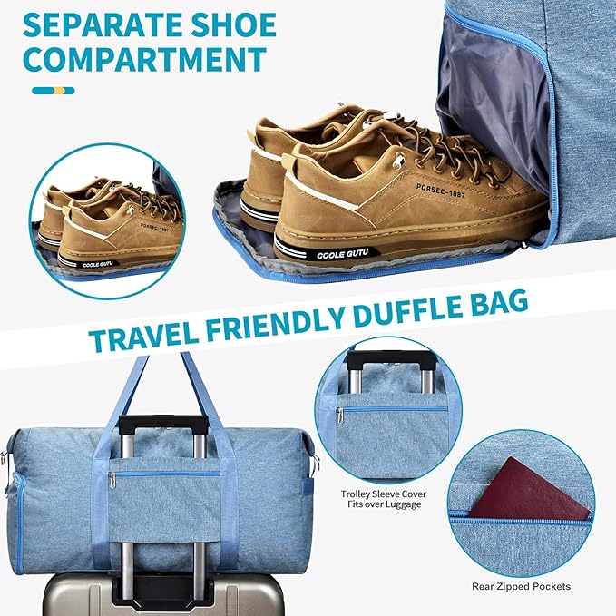 Carry on luaggage 22x14x9 Airlines Approved, Foldable Travel Duffel Bags Weekender Overnight Carry on Duffel Luggage Gym Duffle Bag with Wet Pocket & Shoe Compartment for Women Men(Blue, 40L)