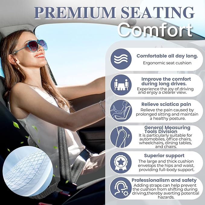 Memory Foam Seat Cushion for Sciatica & Back Pain Relief - Ergonomic Chair Pad with Adjustable Strap & Supportive Comfort Cover, Non-Slip for Car, Truck, Office Chair - Dark Gray