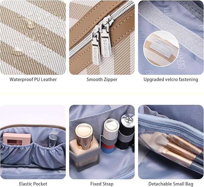 BOYATU Travel Makeup Bag for Women: Large Cosmetic Bag Set of 3 - PU Leather Make up Bag with Compartments - Compact Waterproof Toiletry Bag with Divider & Handle (B-6-Khaki)