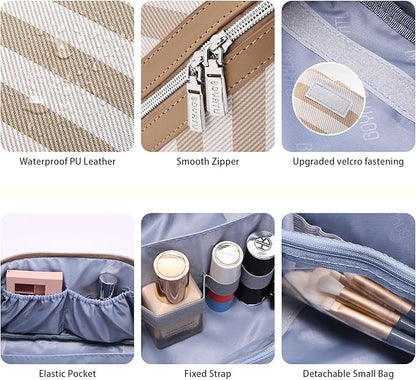 BOYATU Travel Makeup Bag for Women: Large Cosmetic Bag Set of 3 - PU Leather Make up Bag with Compartments - Compact Waterproof Toiletry Bag with Divider & Handle (B-6-Khaki)
