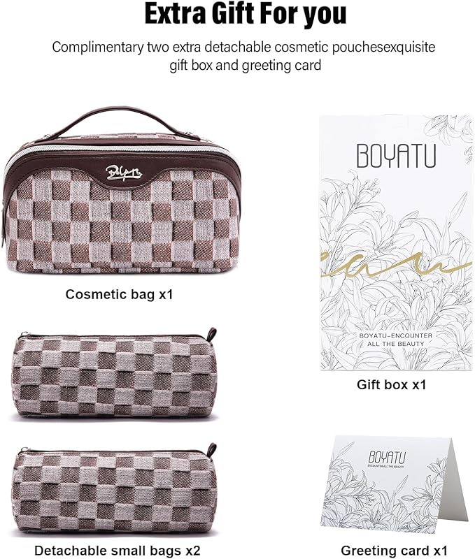 BOYATU Travel Makeup Bag for Women: Large Cosmetic Bag Set of 3 - PU Leather Make up Bag with Compartments - Compact Waterproof Toiletry Bag with Divider & Handle (D-3-Brown)