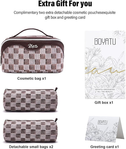 BOYATU Travel Makeup Bag for Women: Large Cosmetic Bag Set of 3 - PU Leather Make up Bag with Compartments - Compact Waterproof Toiletry Bag with Divider & Handle (D-3-Brown)