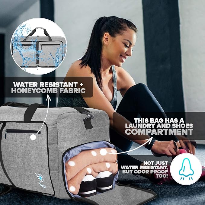 Bago Large Foldable Duffel Bags for Traveling Women & Men - 100L Packable Duffle Bag for Travel with Shoe Compartment - Water Repellant, Heavy Duty, Lightweight Folding & Collapsible (SnowGray)