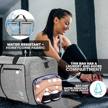 Bago Large Foldable Duffel Bags for Traveling Women & Men - 100L Packable Duffle Bag for Travel with Shoe Compartment - Water Repellant, Heavy Duty, Lightweight Folding & Collapsible (SnowGray)