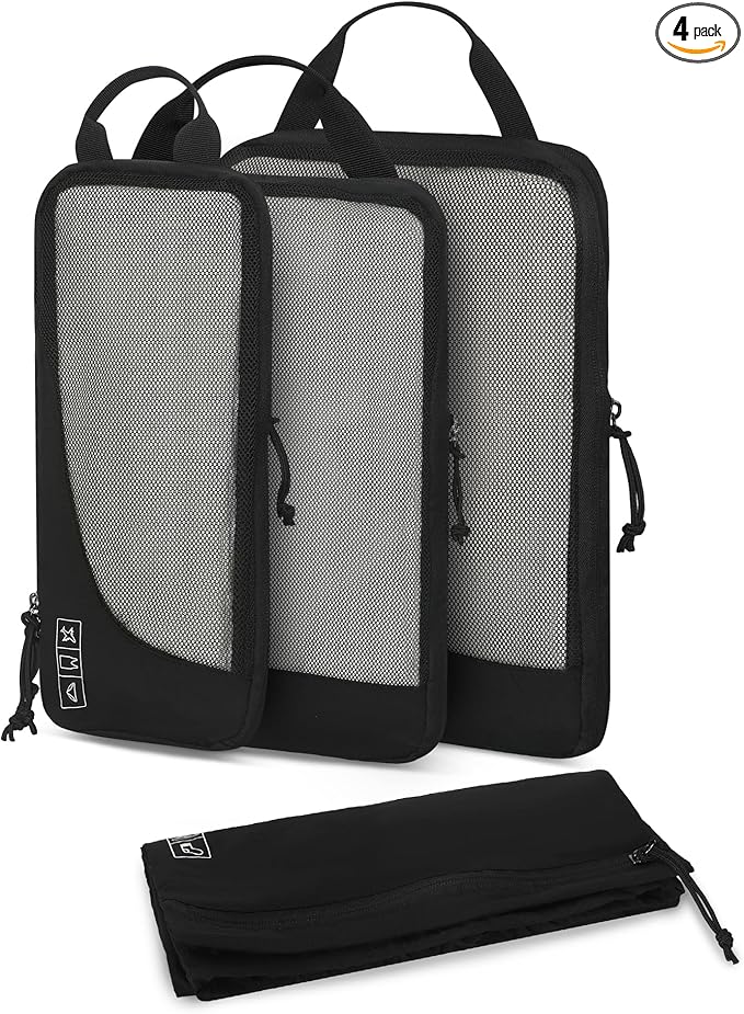 Hynes Eagle 6 Set/ 4 Set/ 2 Set Compression Packing Cubes Travel Essentials Lightweight Nylon Luggage Suitcase Organizer Bag Black 4PCS