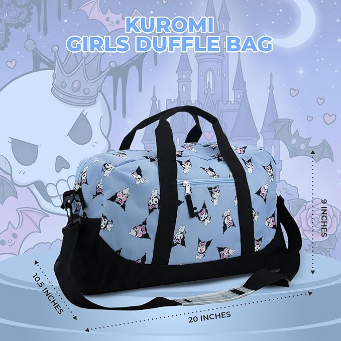 Kuromi Girls Duffle Bag, 16 x 10 x 6.5 inch, Travel Sleepover Dance Bag with Pockets, Purple