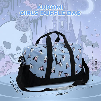 Kuromi Girls Duffle Bag, 16 x 10 x 6.5 inch, Travel Sleepover Dance Bag with Pockets, Purple