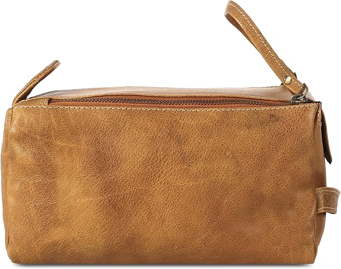 KomalC Premium Buffalo Leather Toiletry Bag for Men & Women – Leather Dopp Kit With Water resistant Lining, Premium Toiletry Travel Pouch, Unisex Wash Bag for Toiletries, Gifts for Men and Women