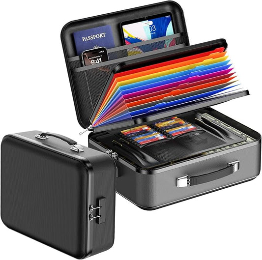 Fireproof Document Box with Lock, Waterproof Hard Shell File Organizer with Accordion Folder, Portable Fireproof File Safe Box for Home Office Storage of Documents, Laptop, Cash & Passports