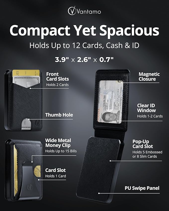 Vantamo Premium Wallet for Men with Money Clip & Card Holder, Compact & Slim Wallet with RFID, 8-12 Cards, Perfect Gifts for Men