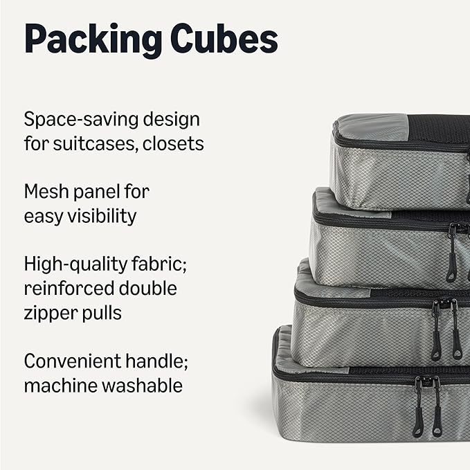 Amazon Essentials 4-Piece Packing Cubes Travel Accessories Set, Luggage Organizer with Double Zipper, Mesh Top, 100% Polyester, Medium, Gray (Previously Amazon Basics)